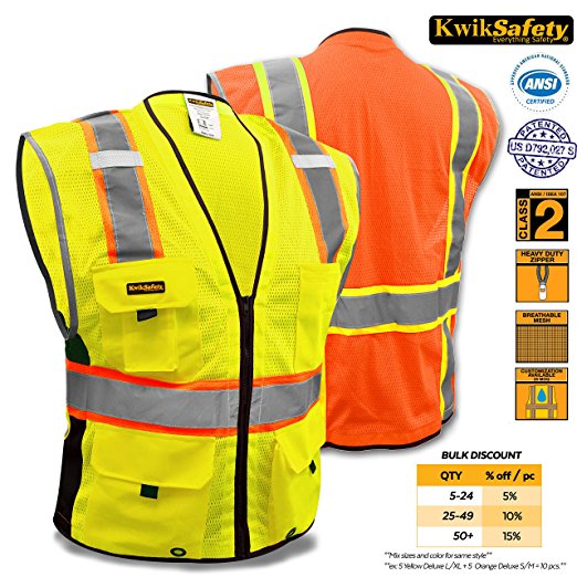 KwikSafety Class 2 Yellow Deluxe Safety Vest | Hi Vis Breathable Mesh, Heavy Duty Zipper & Multi Pockets | High Visibility Men Women ANSI Certified Construction Security Traffic Work Wear| S/M