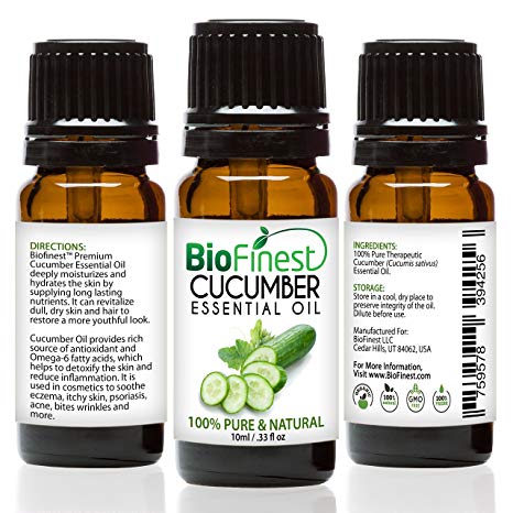 Biofinest Cucumber Seed Essential Oil - 100% Pure Undiluted, Premium Organic, Therapeutic Grade - Best for Aromatherapy, Skin Care, Soothe Wounds Cuts Acne Sunburn Wrinkles - Free E-Book (10ml)