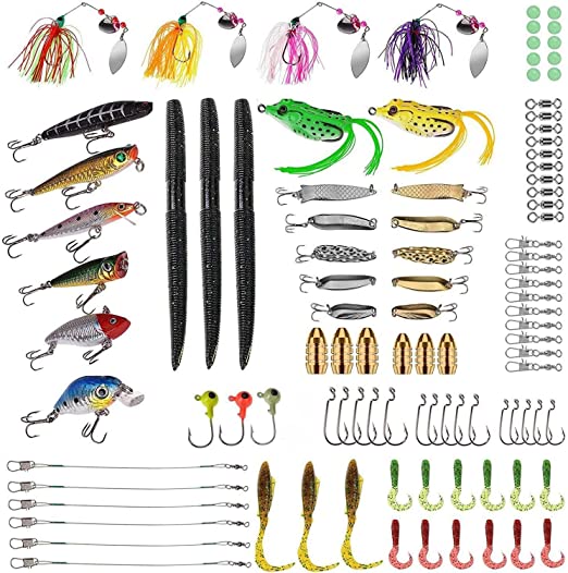 PLUSINNO Fishing Lures Baits Tackle Including Crankbaits, Spinnerbaits, Plastic Worms, Jigs, Topwater Lures , Tackle Box and More Fishing Gear Lures Kit Set, 102/67/27Pcs Fishing Lure Tackle