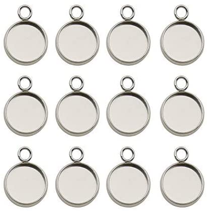 50pcs Fit 12mm Stainless Steel Round Blank Bezel Pendant Trays Base Cabochon Settings Trays Pendant Blanks for Jewelry Making DIY Findings (10162-50-CA)