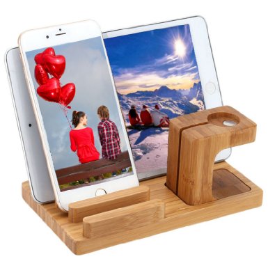 Apple Watch Stand Bamboo Wood New Edition Charge Dock Holder Organizer By Tophot for Iwatch Both 38mm and 42mm & Iphone Other Phones Tablets 3 in 1