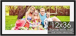 12x36 Frame with Mat - Black 16x40 Frame Wood Made to Display Print or Poster Measuring 12 x 36 Inches with White Photo Mat