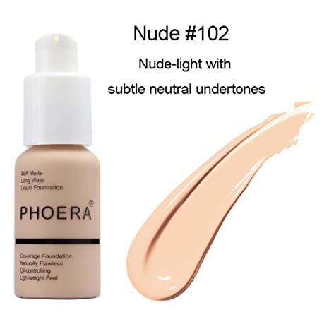 PHOERA Face Foundation Fluid foundation flawless Complete coverage Flawless New mattifying oil concealer 30ml 8 colors Optional, 102 Nude excellent choice.