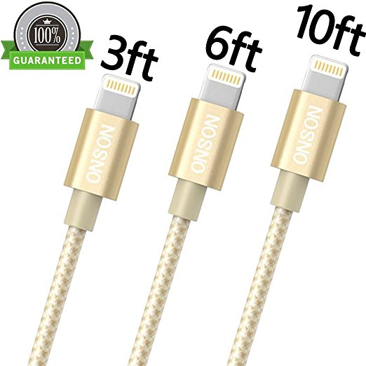 ONSON iPhone Cable,3Pack 3FT 6FT 10FT Nylon Braided Lightning Cable USB Cord Charging Cable for iPhone 7/7 Plus,6/6S/6 Plus/6S Plus,5/5S/5C/SE,iPad,iPod Nano 7,iPod Touch (Gold White)