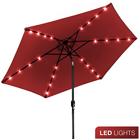 Sorbus LED Outdoor Umbrella, 10 ft Patio Umbrella LED Solar Power, with Tilt Adjustment and Crank Lift System, Perfect for Backyard, Patio, Deck, Poolside, and more (Solar LED - Red)