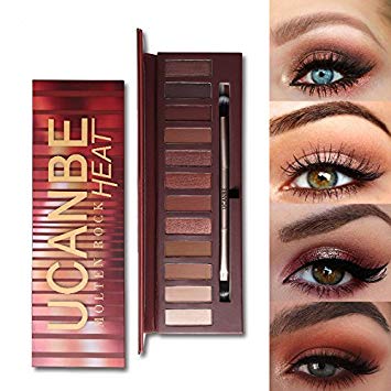 UCANBE 12 Colors Molten Rock Heat Shimmer Matte Warm Red Orange Makeup Eye Shadow Palette - With Mirror and Black Brush