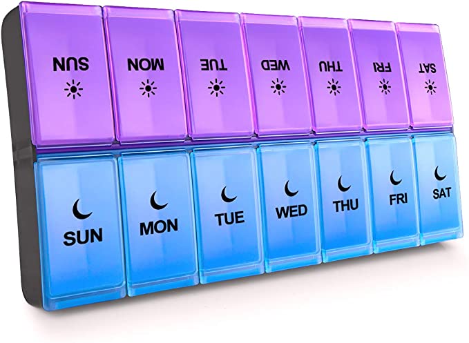 XL AM PM Weekly Pill Organizer 2 Times A Day, Sukuos Large Daily Pill Cases with Easy Open Design for Pills/Vitamin/Fish Oil/Supplements (Blue Purple)