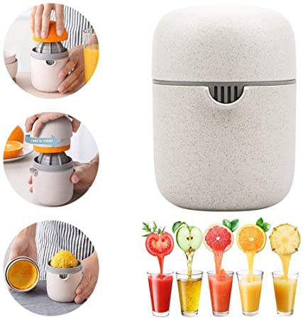 Manual Juicer Citrus Lemon Orange Hand Squeezer Hand Juicer Citrus Squeezer Manual Hand Juicer Lid Rotation Press Anti-Slip Reamer with Strainer and Container, Wheat Color