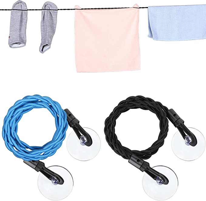 2 Pieces Travel Clothesline Portable Retractable Clothesline with Hooks and Suction Cups Camping Accessories Cruise Essentials for Outdoor and Indoor Use (Black, Blue)