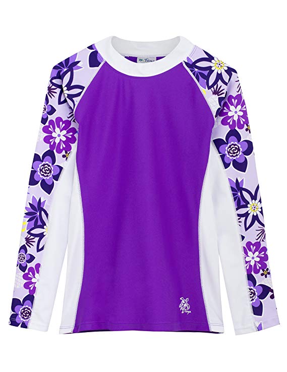 Tuga Girls Long Sleeve Rash Guards 1-14 Years, UPF 50  Sun Protection Swim Shirt