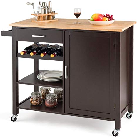 Giantex Kitchen Island Cart Rolling Serving Cart Wood Trolley with Drawer, Storage Cabinet, Wine Bottle Rack, Towel Rack and Lockable Wheels (Brown)