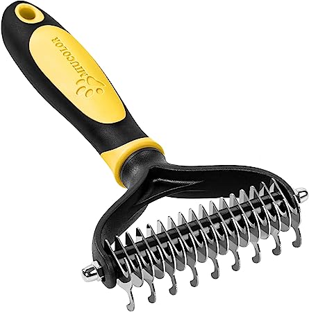 MIU COLOR Pet Grooming Brush, 2 Sided Undercoat Rake for Dogs & Cats, Professional Deshedding Brush and Dematting Tool, Effective Removing Knots, Mats, Tangles for Cats, Dogs, Extra Wide Yellow