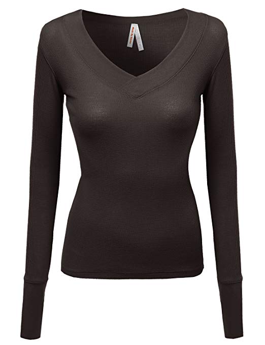 Made by Emma MBE Women's Basic Solid V-Neck Henley Lace Long Sleeves Thermal Tee