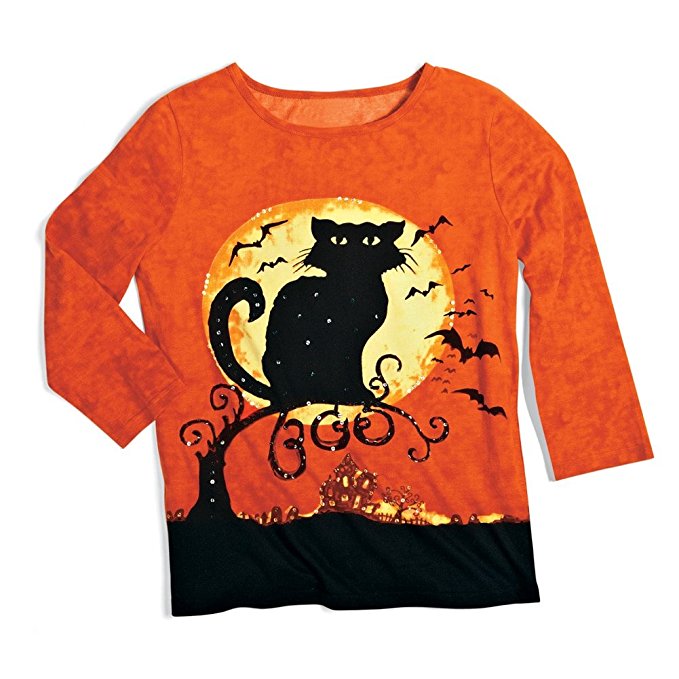Women's Halloween Black Cat 3/4 Sleeves Scoopneck Top