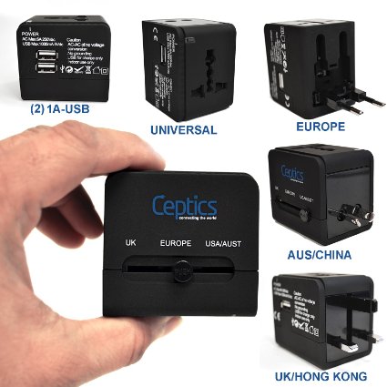 Ceptics All-In-One International Travel Plug Adapter with Dual USB Ports (UP-9KU) - Great for iPhone/Smartphones/Laptops & more