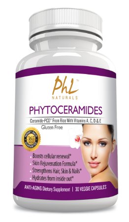 PHL Naturals Phytoceramides - All Natural Capsules 30 Derived From Rice - Best Fine Line and Wrinkle Reducer - Anti-Aging Formula - Includes Ceramide-PCD and Vitamins C A D and E - 365-Day Guarantee