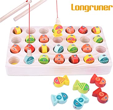 Longruner Wooden Magnetic Fishing Game, Fine Motor Skill Toy ABC Alphabet Color Sorting Puzzle, Montessori Letters Cognition Preschool Gift for 2 3 4 Years Old Toddler Kid Early Learning with 2 Pole