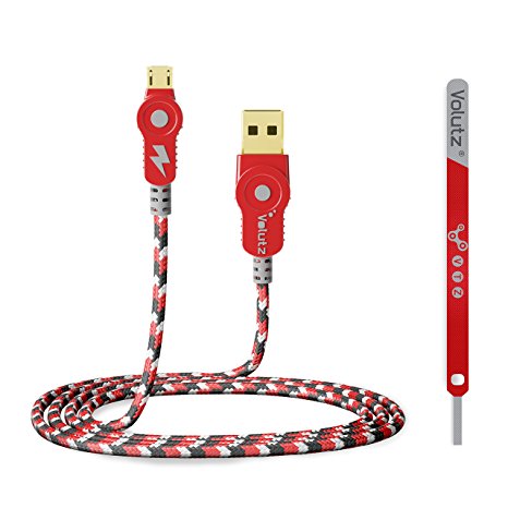 Micro USB Cable Volutz Cableogy Series (10ft / 3m) Nylon Braided, Gold-Plated & Turbo-Fast (Micro-USB to USB) for HTC, Samsung, Nokia, LG, Motorola, Google and More (Maroon-Red)