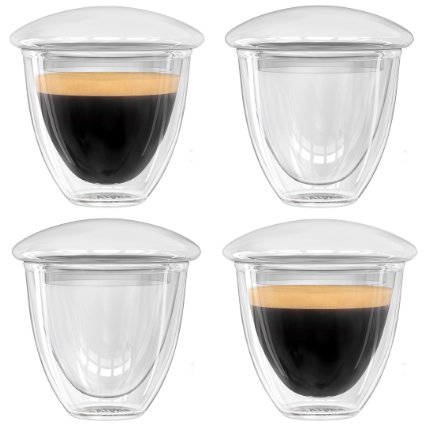 Alpha Coffee Demitasse Cups. Espresso Shot Glasses With Lids. Made From Double Wall Borosilicate. Set Of 4.
