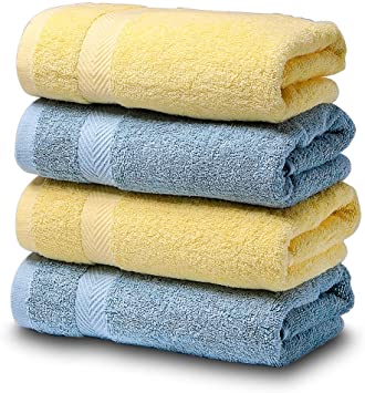 SEMAXE Premium Cotton Hand Towels for Bathroom, 16”x 27”, Luxury Hotel & Spa Towel (Yellow Blue, 4 Hand Towel)