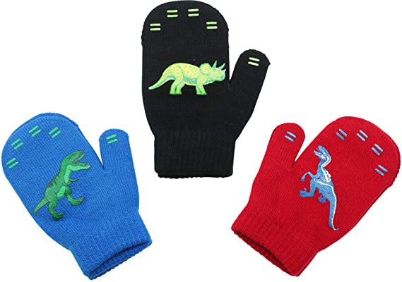 3 Pack - Magic Stretch Winter Mittens for Boys, Kids, Children, & Toddler Toddlers - Dino, Solid Colors