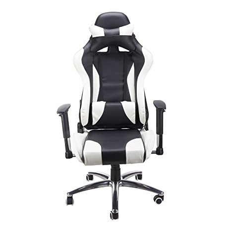 CO-Z Gaming & Racing Style Office/Desk Chair with High Backrest and Back/Neck Support Recliner Swivel Rocker Height-Adjustable (White)