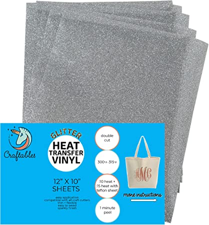 Craftables Silver Glitter Heat Transfer Vinyl, HTV - 5 Sheets Sparkling Easy to Weed Tshirt Iron on Vinyl for Silhouette Cameo, Cricut, All Craft Cutters. Ships Flat