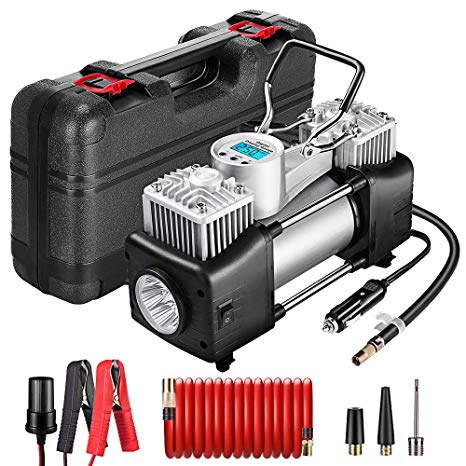 Yome Portable Dual Cylinder Air Compressor Pump, 12V 150PSI Heavy Duty Portable Air Pump with LED Flashlight and LCD Digital Display Gauge for Car Tires, Balls, Other Inflatables