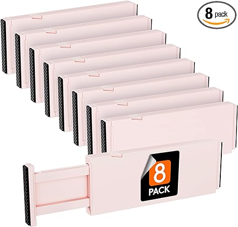 Lifewit 8 Pack Drawer Dividers Plastic 4" High, 11-17" Adjustable Drawer Organizers for Clothes, Expandable Dresser Separators in Bedroom/Bathroom/Kitchen/Office Organization and Storage, Pink