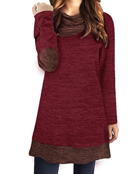 Styleword Women's Long Sleeve Drape Scarf Neck Patchwork Casual Tunic Sweater Shirts