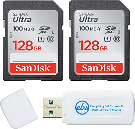 SanDisk 128GB SDXC SD Ultra Memory Card (Two Pack) Works with Canon EOS Rebel T7, Rebel T6, 77D Digital Camera Class 10 (SDSDUNR-128G-GN6IN) Bundle with (1) Everything But Stromboli Combo Card Reader