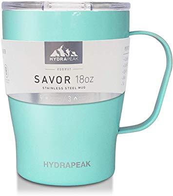 Hydrapeak 18oz Double Vacuum Insulated Coffee Mug. Stainless Steel Travel Mug, Tumbler Coffee Cup with Lid and Integrated Handle (18oz, Aqua)