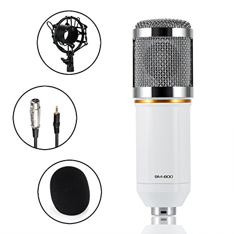 Condenser Microphone, ABASK BM-800 Professional Sound Studio Recording Broadcasting Microphone Set For Sound Studio Recording Studios Broadcasting Stations Stage Performances And Computers(White)