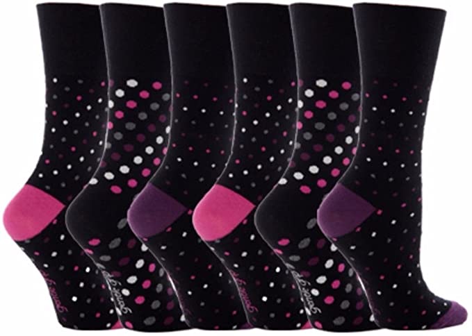 6 Pairs Ladies GG07 Black Polka Dots Design Cotton Gentle Grip Socks