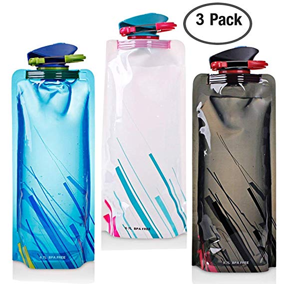 700ML Folable Water Bottles Set of 3 with CE, ROHS Certificates, Collapsible Flexible Reuable Water Bottle for Hiking, Adventures, Traveling,