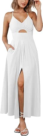 BTFBM Women 2024 Summer Spaghetti Strap Dress Sleeveless V Neck Cutout Slit Casual Beach Party Maxi Dresses with Pockets