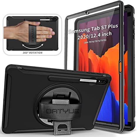 BATYUE Galaxy Tab S7 Plus Case with Screen Protector S Pen Holder Hand Strap Rotating Kickstand, Rugged Heavy Duty Shockproof Case for Samsung Tab S7  12.4" (2020) SM-T970/T975/T976 (Black)