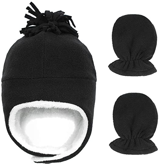 ESTAMICO Little Boys Girls Warm Fleece Chin Strap Trapper Hat Winter Pilot Hat Mitten Set