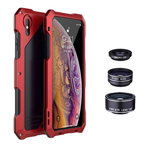 iPhone XR Case Heavy Duty with Built-in Screen Full Body Protective Waterproof Shockproof Drop Proof Cover 3 in 1 [198° Fisheye ][15X Macro][ Wide Angle] Clip on Camera l for iPhone XR (Red)