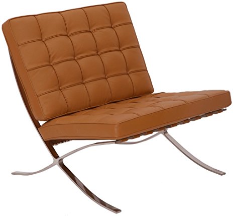 MLF Pavilion Chair (5 Colors). Italian Leather, High Density Foam Cushions & Seamless Visible Corners. Polished Stainless Steel Frame Riveted with Cowhide Saddle Straps.(Light Brown)