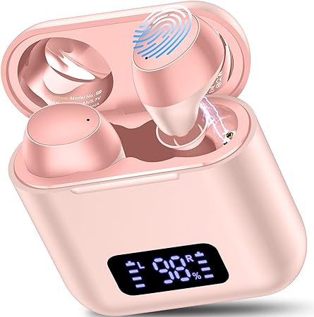 kurdene Wireless Earbuds with Wireless Charging Case,LED Power Display,Deep Bass Ear Bud,IPX7 Waterproof Bluetooth Headphones with Mics Call Noise Cancelling for Work,Sports-Pink