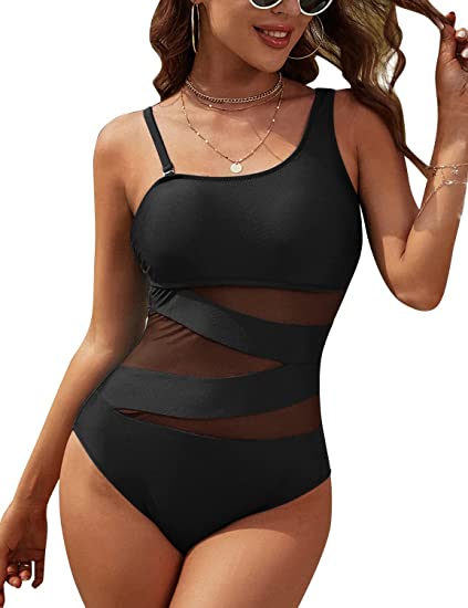 Blooming Jelly Women's Sexy One Piece Bathing Suits Slimming One Shoulder Swimsuits Mesh Swimwear