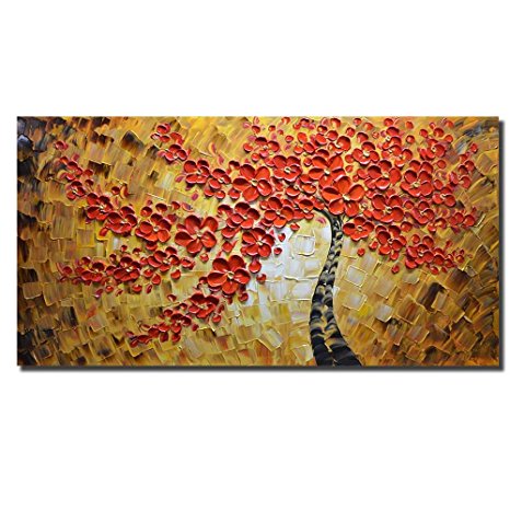 Asdam Art - 100% Hand Painted Paintings Red Maple Tree Pictures Abstract Art Large Wall Art For Living Room Artwork on Canvas Ready To Hang Framed Art For Bedroom Living Room (24X48 inch)