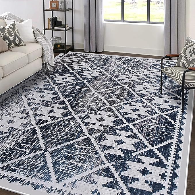 Leesentec Rugs Modern Non-Slip Soft Area Rugs for Living Room/Bedroom/Dining Room Carpet Floor Mat Home Decorative (Navy Blue/Ivory, 5'3"×6'6")