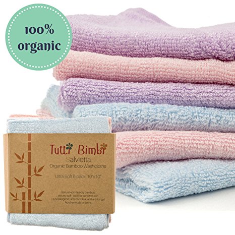 Organic Bamboo Baby Washcloth Flannels - Best for Sensitive Skin, Eczema, while being Eco Friendly, Soft and Strong - 6 pack - 10x10 inch Large - Perfect Gift for New Parents (pink, blue, purple)