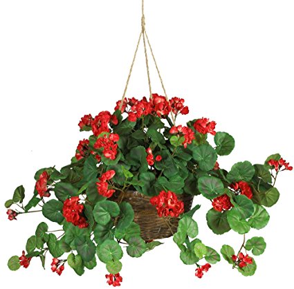 Nearly Natural 6609-RD Geranium Hanging Basket Decorative Silk Plant, Red