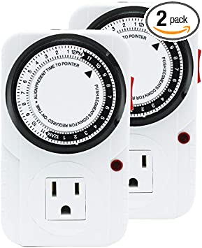 iPower GLTIMEX2 2-Pack 24 Hour Plug-in Mechanical Electric Outlet, 15 Minute Interval Timer, 2 Pack, white