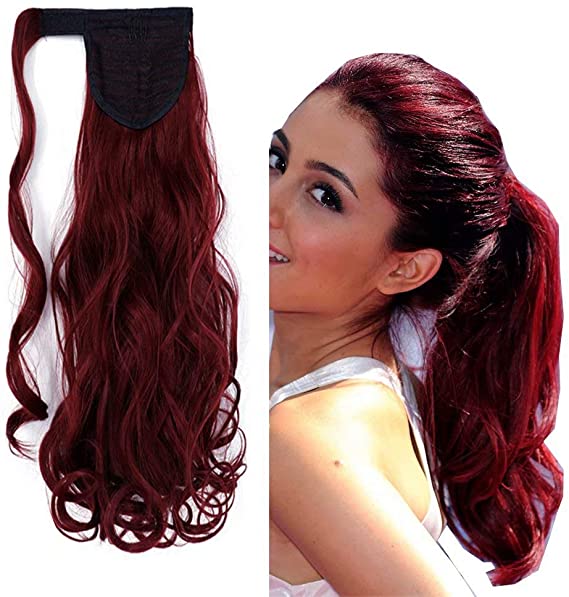iLUU Long Curly Wavy Ponytail Extension Wrap Around Clip in Hair Extension 18 Inch Synthetic Magic Paste Heat Resistant Ponytail 100g Dark Red Hair Pieces Extensions #BUG