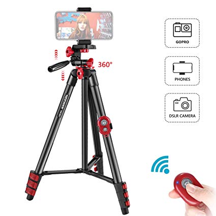 Neewer Phone Tripod, Cell Phone Tripod 54 inch Travel Tripod Stand with Remote, Cellphone Mount Holder and 3-Way Pan Head Compatible with Camera/GoPro/Android/iPhone 11/Xs/Xr/Xs Max/X/8/Galaxy Note 9