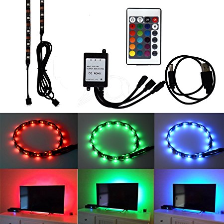 HonestEast TV Backlight for HDTV RGB LED Light Strip 2*19.7in, 7.2W/5V, 24Key Remote Control TV Accent Lighting for Flat Screen TV Accessories, Desktop PC (Reduce eye fatigue and increase image clarity)